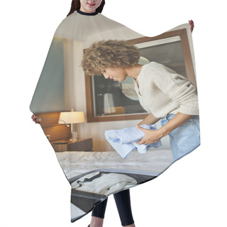 Personality  Curly-haired And Happy African American Woman Packing Suitcase In Hotel, Solo Traveler Concept Hair Cutting Cape