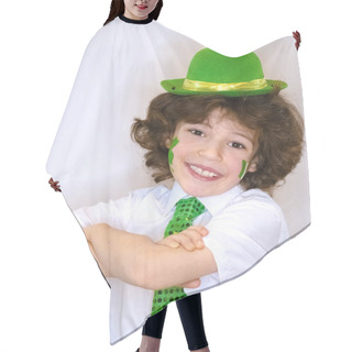 Personality  Hispanic Child Boy Having Fun During Saint Patrick Celebrations Over A Light Background. I Am Smiling A Boy With A Green Shamrock And Irish Flag On My Cheek. Patrick's Day Celebrations. Hair Cutting Cape