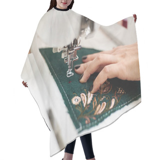 Personality  Close Up Of Woman Manicured Hand Working On Sewing Machine  Hair Cutting Cape