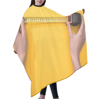 Personality  Top View Of Man Holding Industrial Measuring Tape On Yellow Background Hair Cutting Cape