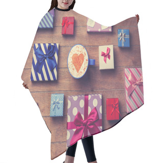 Personality  Cup And Gift Boxes On Wooden Background Hair Cutting Cape