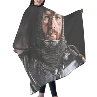 Personality  Handsome Knight In Armor Looking At Camera On Black Background Hair Cutting Cape