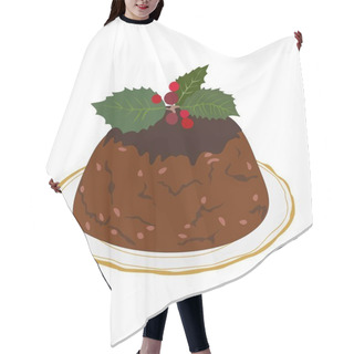 Personality  Christmas Pudding. Traditional Holiday Dessert. English Chocolate Cake With Decoration. Xmas Festive Sweet Food With Glaze, Holly Berries And Leaves. Flat Vector Illustration On White Background. Hair Cutting Cape