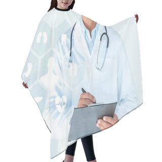 Personality  Cropped Image Of Doctor With Stethoscope On Shoulders Writing Something In Clipboard Isolated On White With Medical Interface Hair Cutting Cape