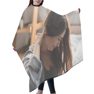 Personality  Selective Focus Of Upset Brunette Woman Suffering From Neck Pain In Bedroom Hair Cutting Cape