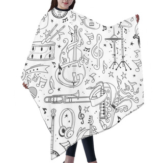 Personality  Musical Equipment Hand Drawn Outline Seamless Pattern. Trumpet, Microphone Line Art Texture. Black Contour String, Brass Instruments On White Background. Performance, Rock Concert Textile Design Hair Cutting Cape