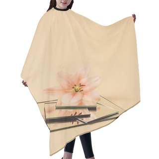 Personality  Beautiful Lily Flower Reflecting In Mirrors On Beige Table  Hair Cutting Cape