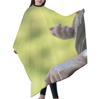 Personality  Aged Woman Walking With Her Stick Hair Cutting Cape