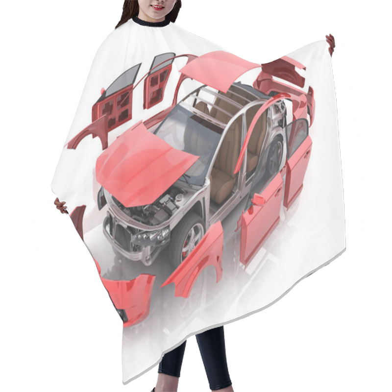 Personality  Red body car and interior parts on white background. 3d illustration hair cutting cape