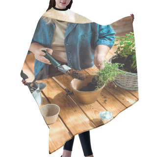 Personality  Overhead View Of Senior Woman Holding Shovel With Ground Near Flowerpot  Hair Cutting Cape