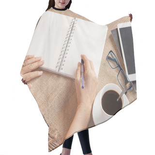Personality  Woman Writing Shot Memories Note On White Paper With Relaxing Ti Hair Cutting Cape