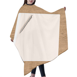 Personality  Elevated View Of Folder With Papers And Pen On Wooden Table  Hair Cutting Cape