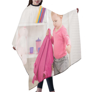 Personality  Adorable Kid In Pink Shirt Carrying Pink Bag In Children Room Hair Cutting Cape
