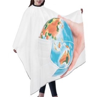 Personality  Cropped View Of Man Holding Globe In Protective Mask Isolated On White  Hair Cutting Cape