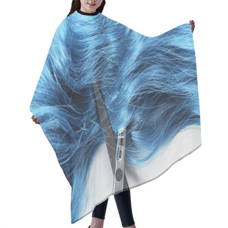 Personality  Top View Of Blue Hair And Scissors On White Background Hair Cutting Cape