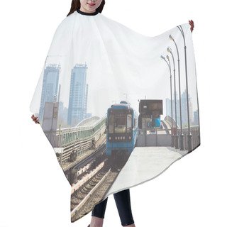 Personality  Arriving Train At Outdoor Subway Station With Buildings On Background Hair Cutting Cape
