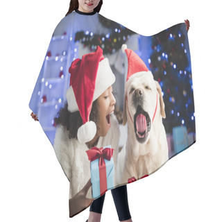 Personality  African American Girl And Labrador In Santa Hat Yawning While Lying On Floor Near Gift Boxes On Blurred Background Hair Cutting Cape