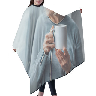 Personality  Cropped View Of Senior Woman Holding Cup Of Coffee At Home  Hair Cutting Cape