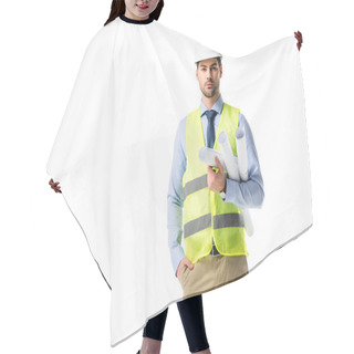 Personality  Handsome Architect In Reflective Vest And Helmet Holding Blueprints Isolated On White Hair Cutting Cape