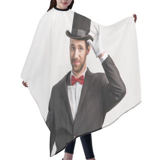 Personality  Handsome Happy Magician Adjusting Hat, Isolated On Grey Hair Cutting Cape
