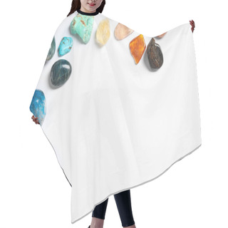 Personality  Different Beautiful Gemstones On White Background, Top View Hair Cutting Cape