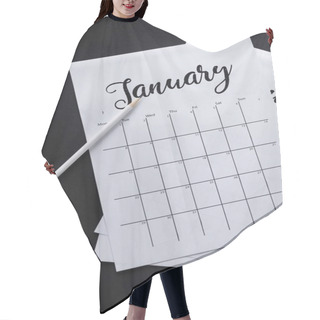 Personality  Flat Lay With Arranged Calendar Papers And Pencil Isolated On Black Hair Cutting Cape