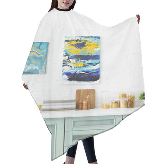 Personality  Modern White And Turquoise Kitchen Interior With Kitchenware And Abstract Paintings On Brick Wall Hair Cutting Cape