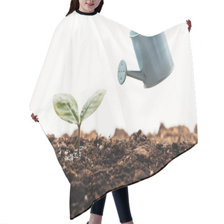 Personality  Toy Watering Can Near Small Plant In Ground Isolated On White Hair Cutting Cape