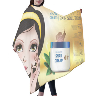 Personality  Vector Illustration With Manga Style Girl And Snail Cream Container. Hair Cutting Cape