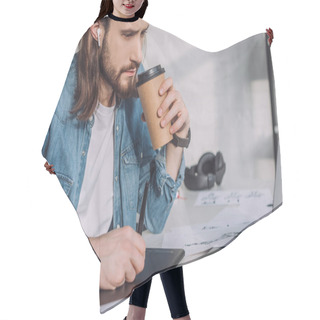 Personality  Bearded Of Animator In Wireless Earphones Holding Paper Cup  Hair Cutting Cape