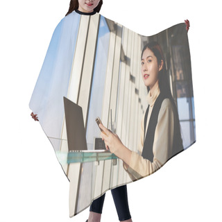 Personality  Woman Skilled Banker With Cell Telephone In Hands Hair Cutting Cape