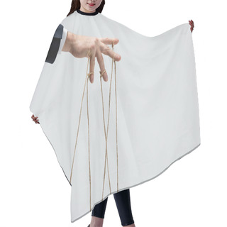 Personality  Partial View Of Puppeteer With Strings On Fingers Isolated On Grey Hair Cutting Cape