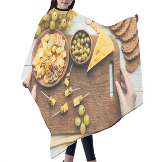 Personality  Woman Holding Wooden Board With Cheese Hair Cutting Cape