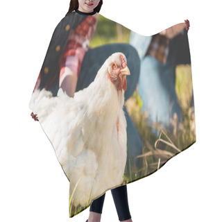 Personality  Cropped Image Of Couple Of Farmers Sitting On Grass With Chicken Outdoors  Hair Cutting Cape