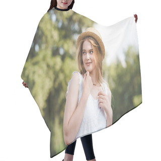 Personality  Selective Focus Of Beautiful Girl In Straw Hat And White Dress Looking Away Hair Cutting Cape