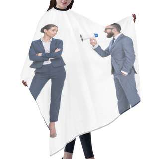Personality  Businessman With Megaphone Screaming On Coworker Hair Cutting Cape