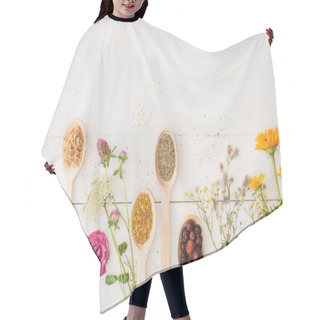 Personality  Top View Of Herbs In Spoons And Flowers On White Wooden Background, Naturopathy Concept Hair Cutting Cape