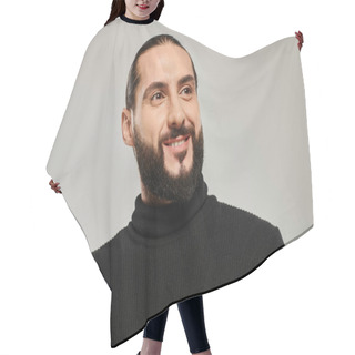 Personality  Portrait Of Happy And Handsome Arabic Man With Beard Posing In Black Turtleneck On Grey Backdrop Hair Cutting Cape