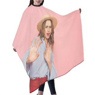 Personality  Offended Woman In Sun Hat Showing Stop Gesture Isolated On Pink  Hair Cutting Cape