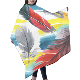 Personality  Colorful Bird Feather From Wing Isolated. Watercolour Drawing Fashion Aquarelle. Fabric Wallpaper Print Texture. Hair Cutting Cape