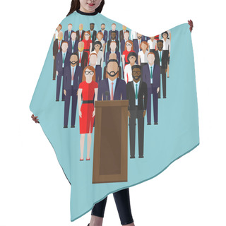 Personality  Vector Flat  Illustration Of A Speaker, Party Candidate Or Leader Hair Cutting Cape