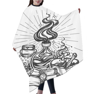 Personality  Vector Illustration, Halloween, Mystic, Witchcraft, Bottles Of Potion. Handmade, Prints, Tattoo Hair Cutting Cape