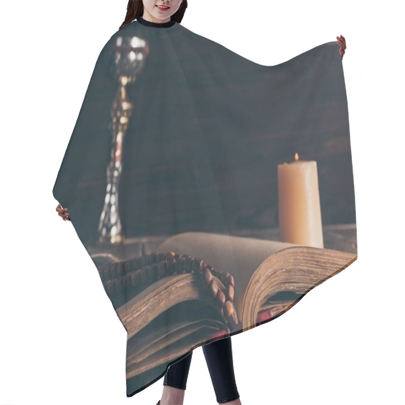 Personality  Open Holy Bible With Rosary, Chalice And Candle On Wooden Table, Holy Communion Hair Cutting Cape