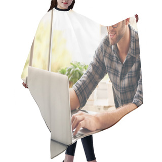 Personality  Happy Man Sitting And Working At His Desk From Home Hair Cutting Cape