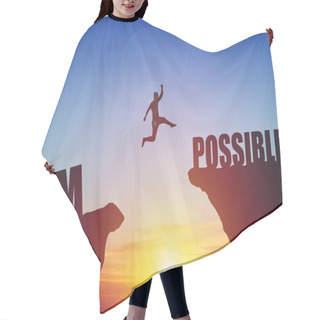Personality  Man Jumping On Impossible Text Over Cliff On Sunset Background Hair Cutting Cape