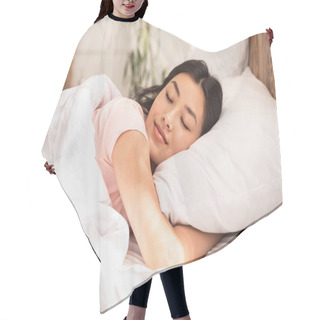 Personality  Asian Woman Sleeping Lying In Bed At Home Hugging Pillow Hair Cutting Cape