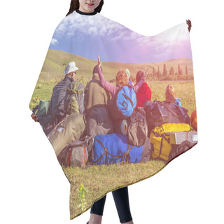 Personality  Group Of People And Many Backpacks On Grassy Lawn Hair Cutting Cape