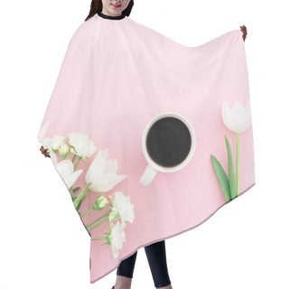 Personality  Top View Of Tender Tulip Flowers And Roses On Pink   Background Hair Cutting Cape