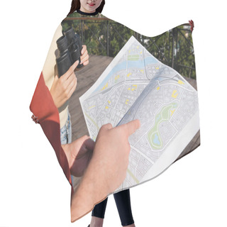 Personality  Cropped View Of Tourist Pointing At Map Near Girlfriend With Binoculars Outdoors  Hair Cutting Cape
