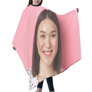 Personality  Beauty And Lifestyle Concept. Headshot Of Beautiful Asian Woman Smiling, Looking At Camera Happy And Romantic, Standing Against Pink Background Hair Cutting Cape